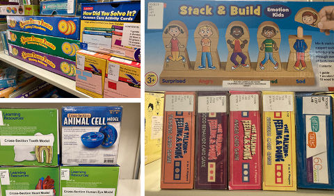 Bookshelf with books, toys and various educational materials