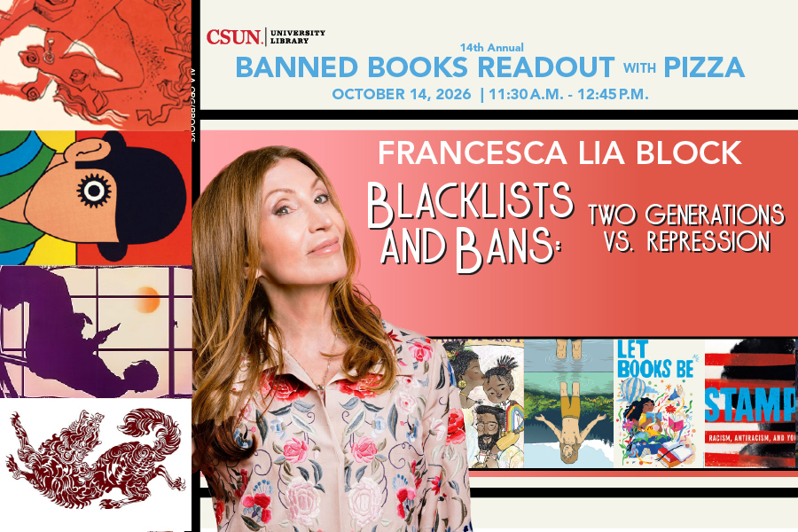 Promotional materials with author Francesca Lia Block and images of banned books.