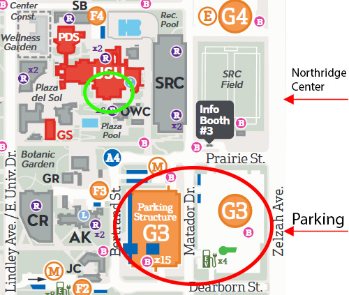 map of the university student union and g3 parking structures at cal state northridge