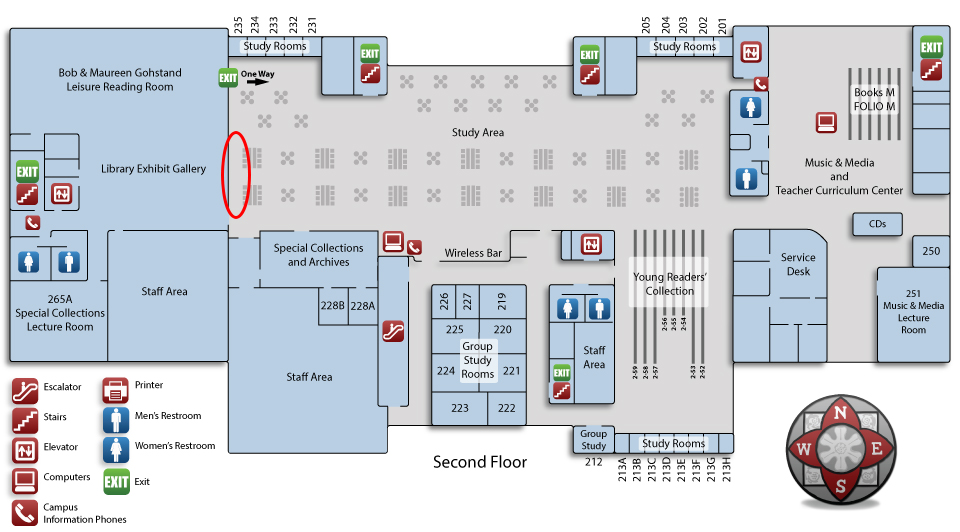 map with circle around University Library 2nd Floor Core West