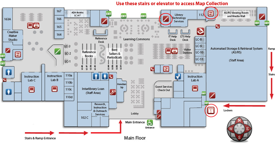 Schematic of main floor with route to map collection