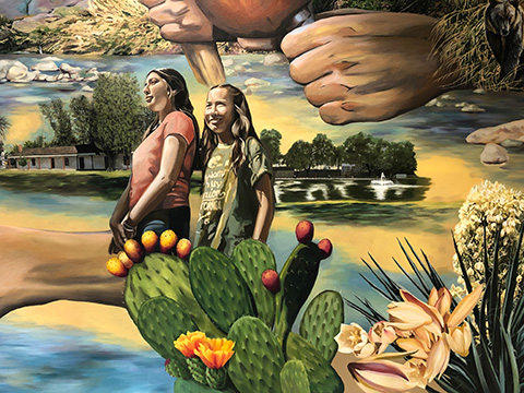 Tataviam Land Acknowledgment Mural - a woman and younger girl, cactus, river and house