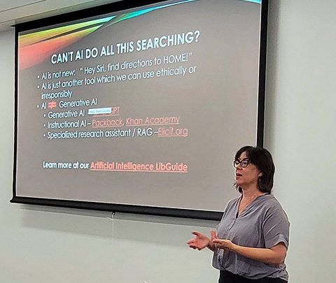 Dr. Karin J. Duran and Richard Nupoll Education Librarian Lisa Cheby gives a lecture on AI usage in the University Library
