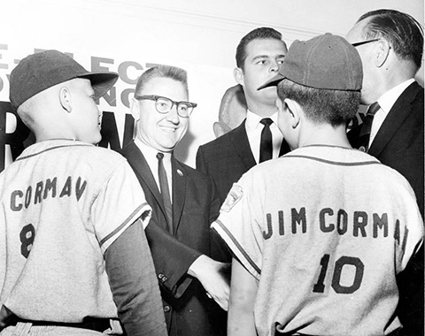 James Corman introduces Don Drysdale, a Van Nuys native and pitcher for the Los Angeles Dodgers, to members of the Canoga Park Tigers Little League Baseball team, ca. 1963. James C. Corman Collection.