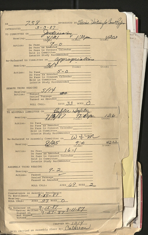 Ed Davis’s file on California Senate Bill 738, showing its route via the Senate Judiciary, Senate Appropriations, Assembly Public Safety, and Assembly Ways & Means committees, 1987. Senator Edward M. “Ed” Davis Collection.