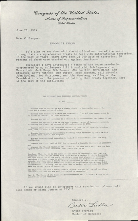 Letter by Bobbi Fiedler in support of the International Terrorism Control Treaty, June 26, 1985. Roberta “Bobbi” Fiedler Collection.