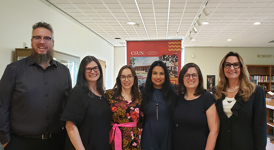 Associate Dean Jordan Nielsen, Librarian Gayle O'Hara, Librarian Mallory Furnier, Guest Speaker Minoti Vaishnav, Head of Special Collections Ellen Jarosz, and Dean Emy Decker