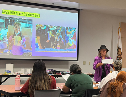 Students and Librarian Teacher Lisa Bishop at the A Digital Detox: Hands-on Analog Zine Making Session with Lisa Bishop event