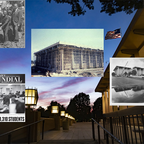 Collage of the groundbreaking, construction and reconstruction after earthquake of the CSUN University Library