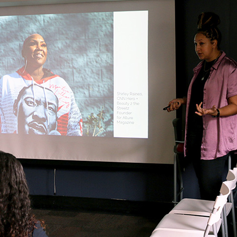 Tara Pixley presenting her work. Photo by Elizabeth "Beth" Peattie.