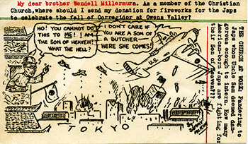 Backside of postcard with cartoon of U.S. plane bombing Tokyo and an angry Japanese citizen reacting