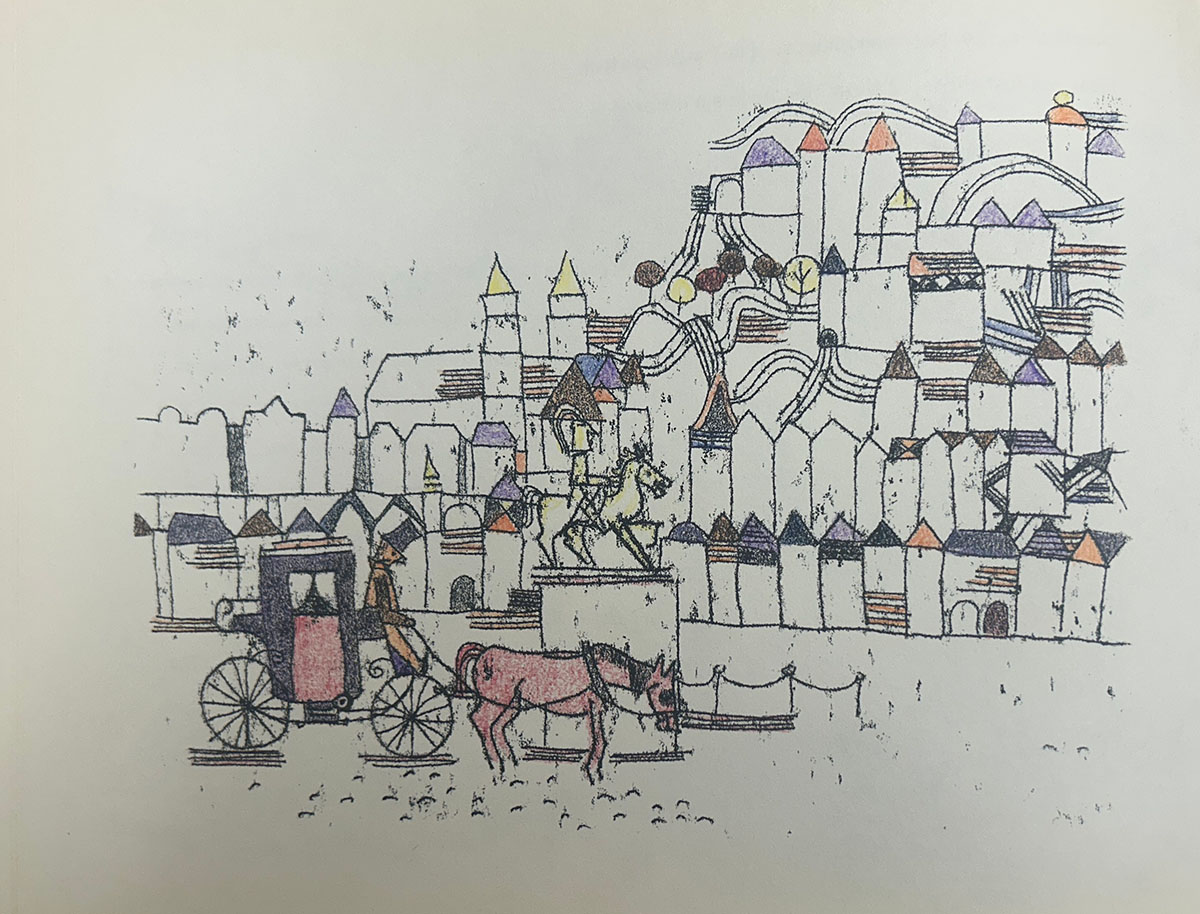 A drawing of a draft horse near a war-horse monument and a city