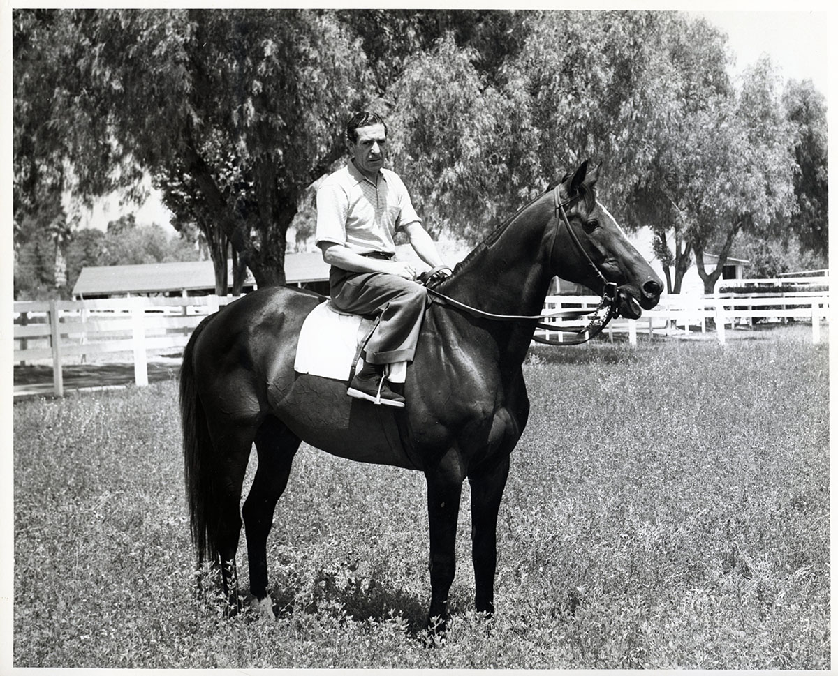 Unknown man astride a horse at Northridge Farms.