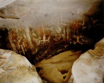 Pictographs located in the Burro Flats area, which date to 500 AD