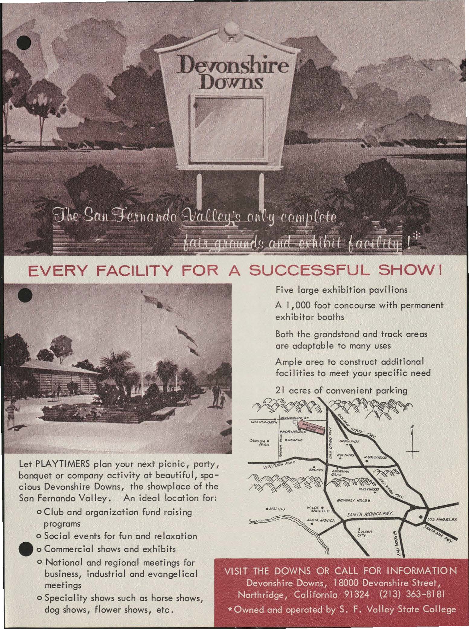 San Fernando State College advertisement for public and commercial use of Devonshire Downs.