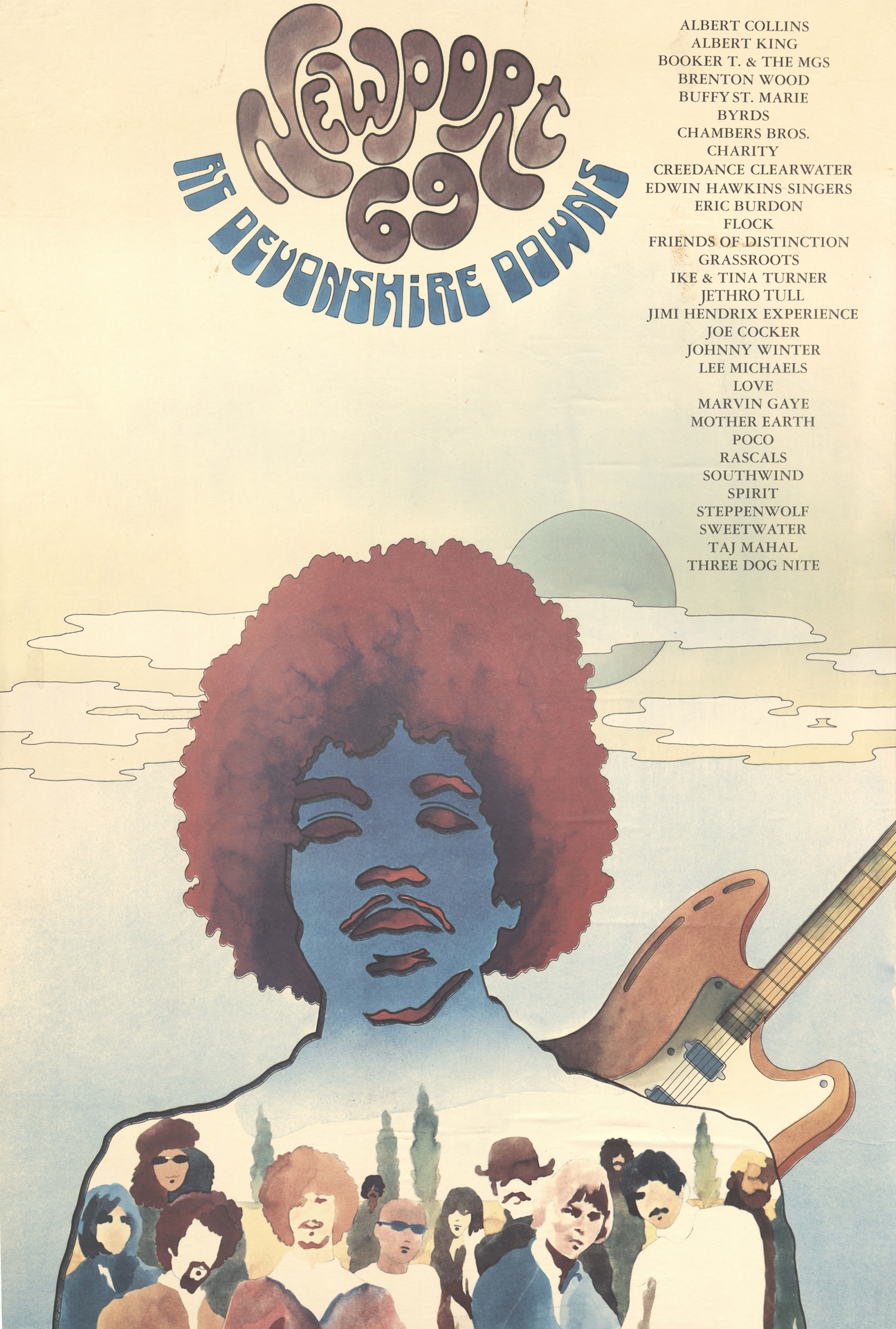 Watercolor poster advertising the Newport Pop Festival at Devonshire Downs.
