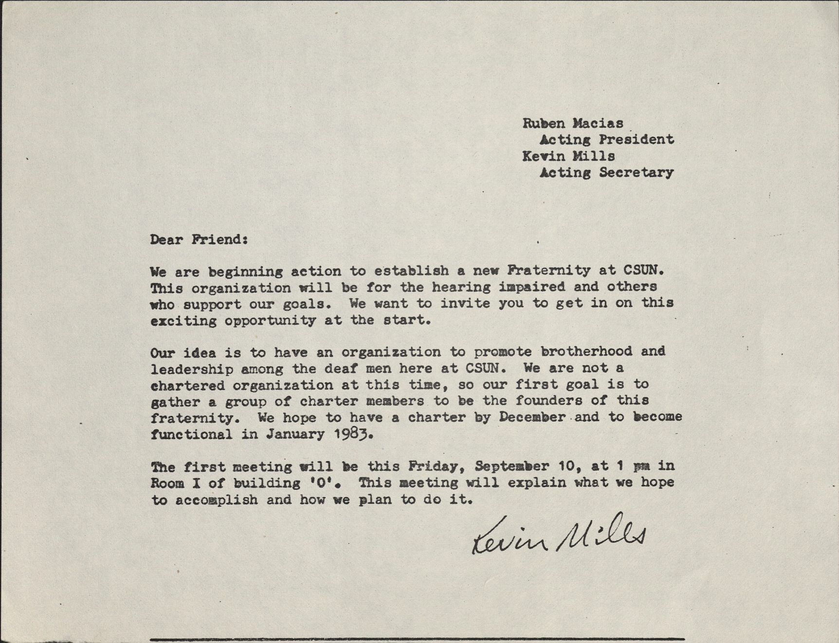 Letter establishing the Kappa Sigma Psi Fraternity