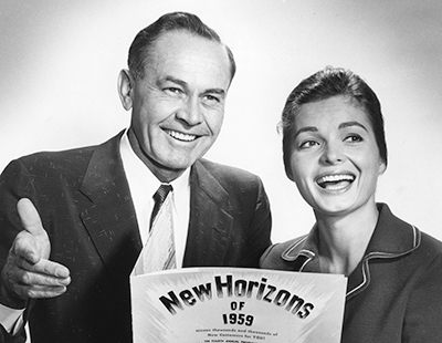 Actress Linda Hutchings and LACFL Executive Secretary William J. Bassett promoting the 1959 Union Products and Services Show