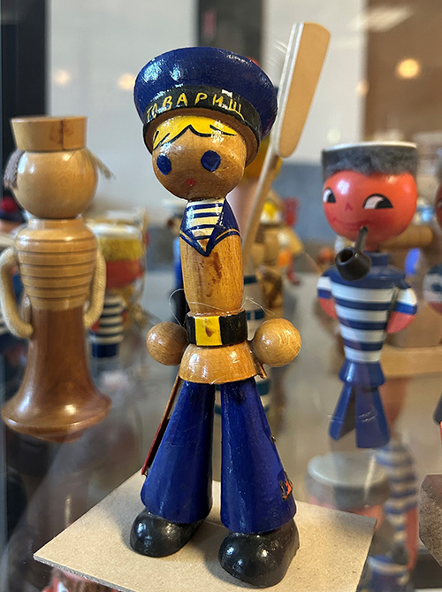 Wooden toy sailor with blue cap and blue pants, Pavel Ilyin Soviet Sailors Collection