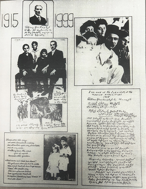 Paper with pictures and handwritten text regarding the Chitjian family surviving the Armenian Genocide, Zaruhy “Sara” Chitjian Collection