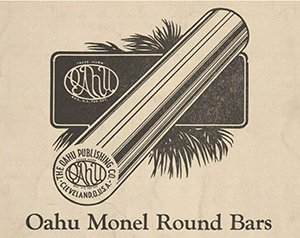 ad for Oahu Monel Round Bar, a piece of steel used in the left hand when playing “Hawaiian” steel guitar.