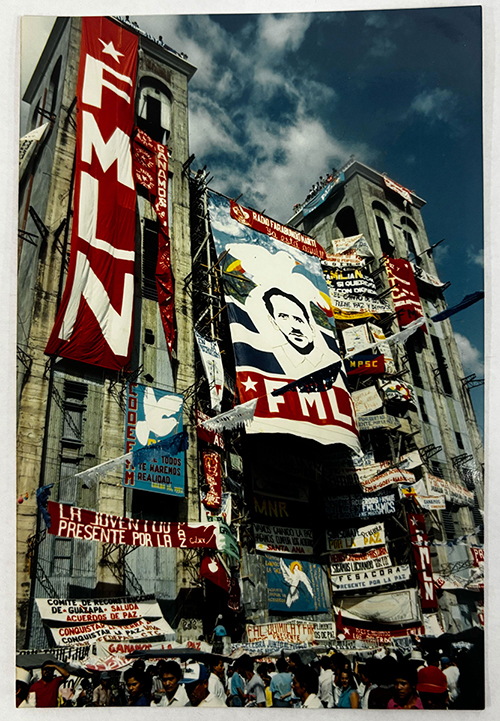 FMLN and other popular movement banners hang off the Metropolitan Cathedral in San Salvador, El Salvador, 1994.