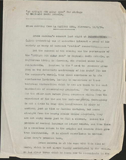 Press cutting, review of ‘Epitaph for Alban Berg,’ RSB, Box 5 Folder 12
