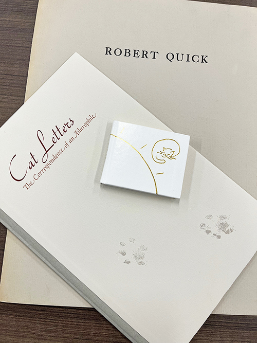 Covers of three books on cats: Sun Cat by Marvin R. Hiemstra, A Portfolio of Cats by Robert Quick, and Cat Letters: the Correspondence of an Ailurophile by Jean Krenzer