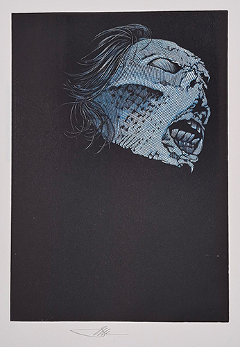 The creature’s face illuminated by lightning, from Mary Shelley’s Frankenstein, PR5397 .F7 1984c 