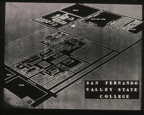 Architectural drawing of the first permanent buildings scheduled to be constructed at San Fernando Valley State College, ca. 1958.