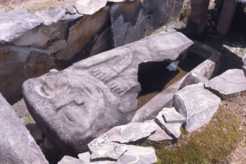 Carved stone slab sitting inside a tomb covering a large stone sarcophagus at San Agustín Archaeological Park, Colombia. Photo taken in 1975. Digital ID: 99.01.RCr.sl.B17.04.25.03