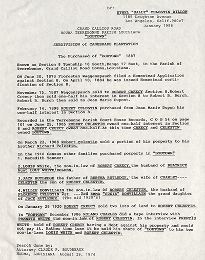 The Purchased of “BOBTOWN” text, prepared by Ethel “Sally” Celestin Dillon in 1996 showing Robert Celestin's purchase. TBC.RCH