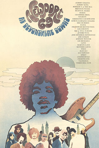Watercolor poster advertising the Newport Pop Festival at Devonshire Downs