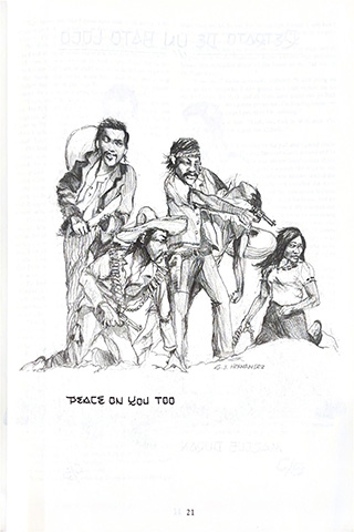 Cartoon of a group of people with one man holding a wounded figure and gun