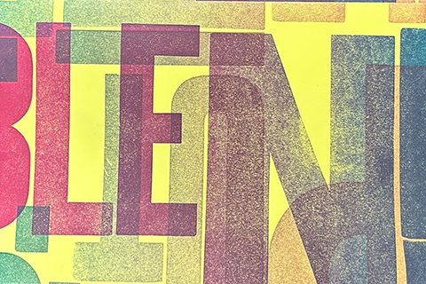 Detail of the cover of Put It In a Blender by the Spring 2019 Printmaking III: Relief class with instructor Jamie Russom, N7433.4.P88 2019