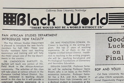 Detail from the front page of The Black World announcing new faculty in the Pan African Studies Department, Fall 1981. E185.5.B86