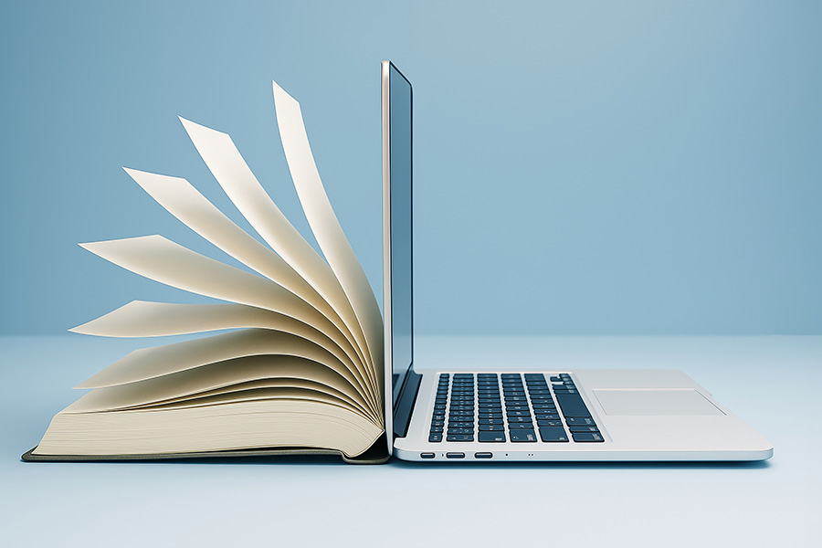 A book and a laptop joined at the spine of the book