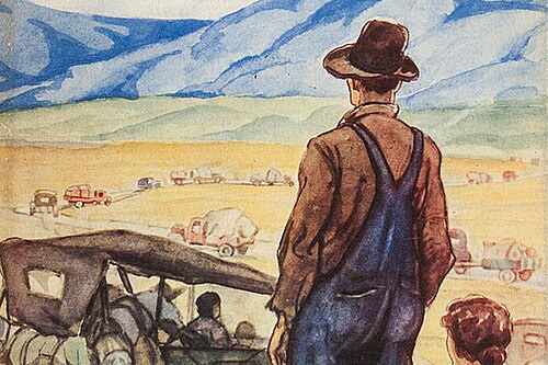 Man and woman stare at a line of cars