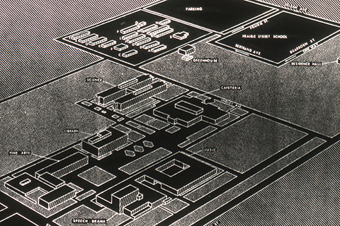 Architectural drawing of the first permanent buildings scheduled to be constructed at San Fernando Valley State College, ca. 1958.