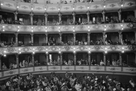 A woman reading a program while sitting in the balcony