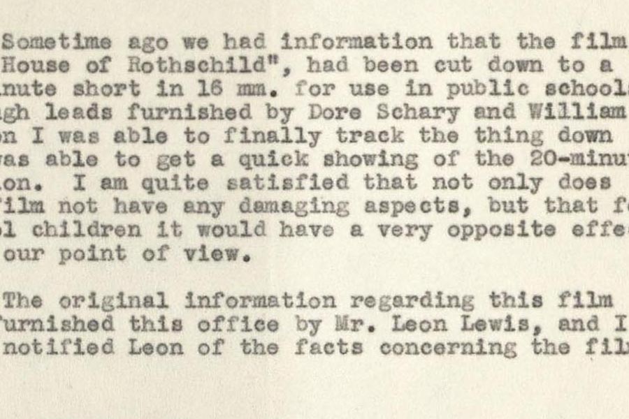 Community Relations Committee correspondence from Fred Herzberg to William Gordon at Universal Pictures related to obtaining review materials for the short film "The House of Rothschild," January 19, 1948