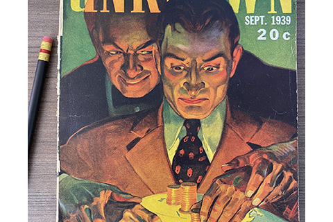 Detail of the cover illustration from Unknown featuring the story None but Lucifer, vol. 2 no. 1 September 1939, P1. U554