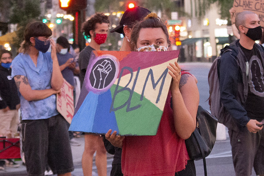 Unidentified individuals hold handmade posters at a demonstration organized by Black Lives Matter, Pasadena, 2020, KRT.D.B1.19.3462