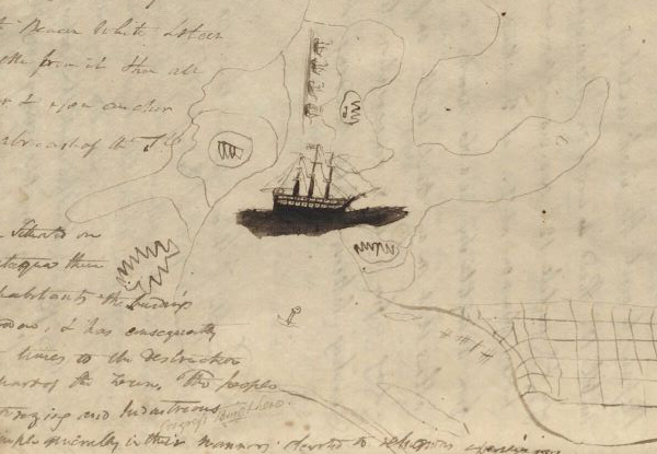 A hand-drawn picture of a naval ship