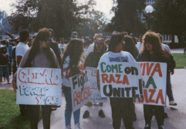 Raza Unite protest advising the Chicana/o community to unite about the concerns within their community and their campuses. Rodolfo F. Acuna Collection