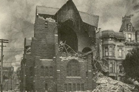 Photograph of a crumbled St. Luke's Episcopal Church