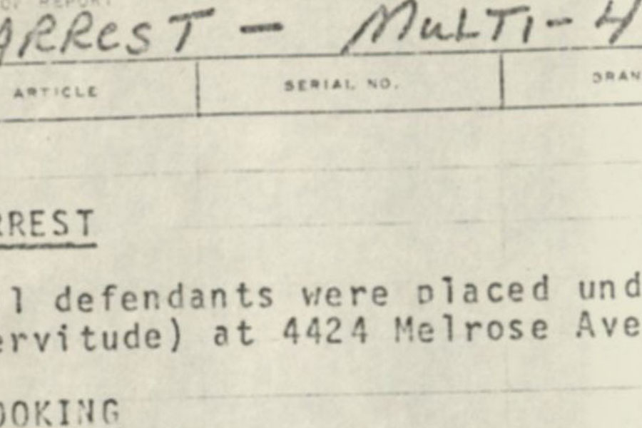 Arrest Report, "Slave Auction" at 4424 Melrose Avenue, April 10, 1976, Aristide Laurent Collection