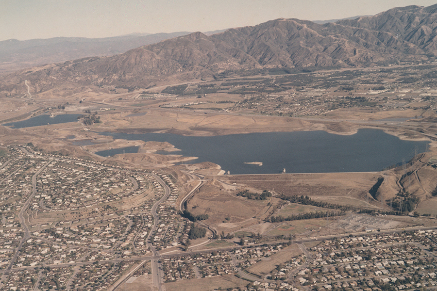 Van Norman Reservoir following the Sylmar Earthquake, ca. 1971