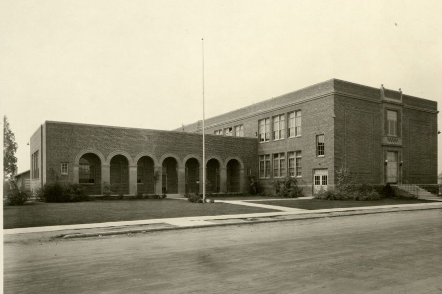 Two story Spanish influenced red brick elementary school in Los Angeles area, ca. 1930s