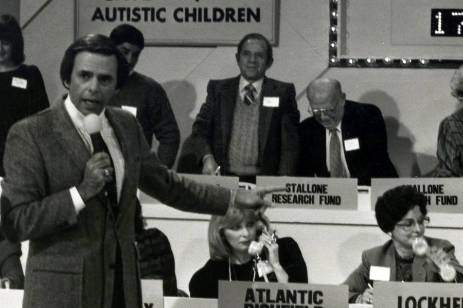 Volunteers work the phones representing multiple businesses and non-profit organizations during the Save Autistic Children telethon, circa 1978.